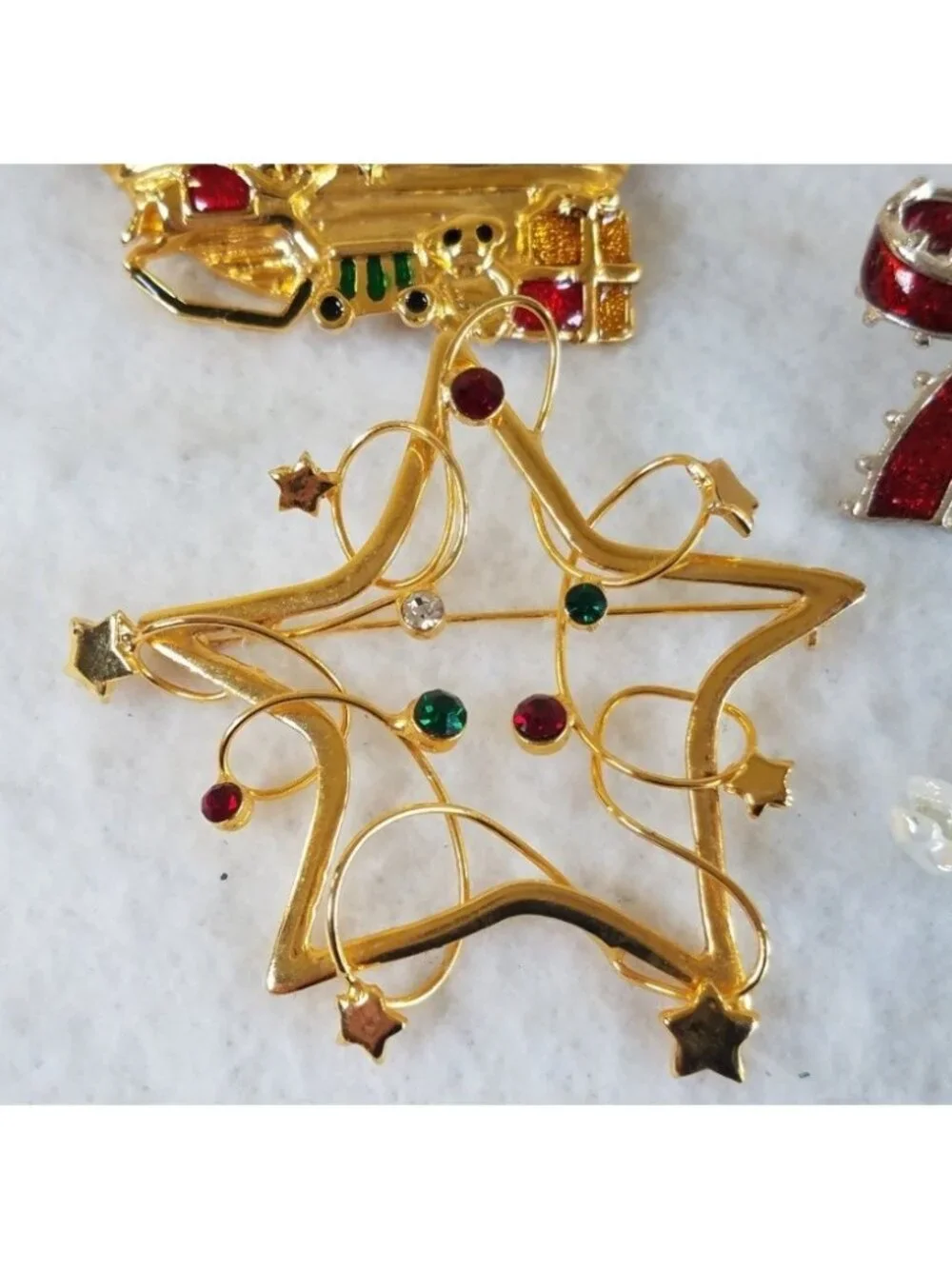 6 Christmas Holiday Brooches Pins Gold Tone Enamel Rhinestone Noahs Ark Deer